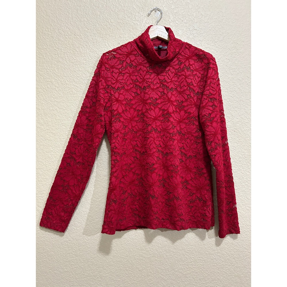 WHBM Large Lace high neck Top Red Floral Romantic mesh velvet sheer Holiday